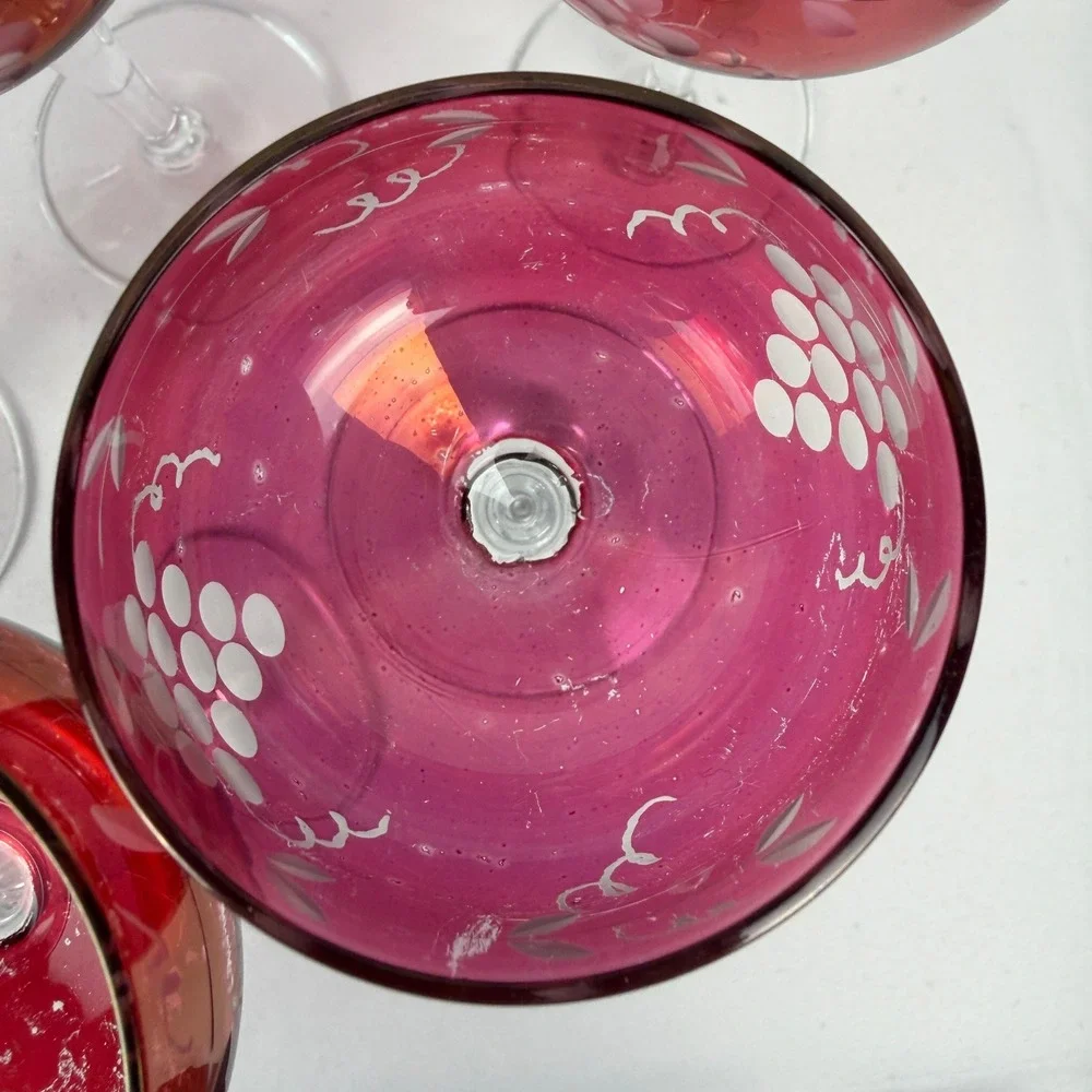 Vintage Cranberry Glass Cordial Set 6 Red Etched Grape Vine Clear Stem Barware